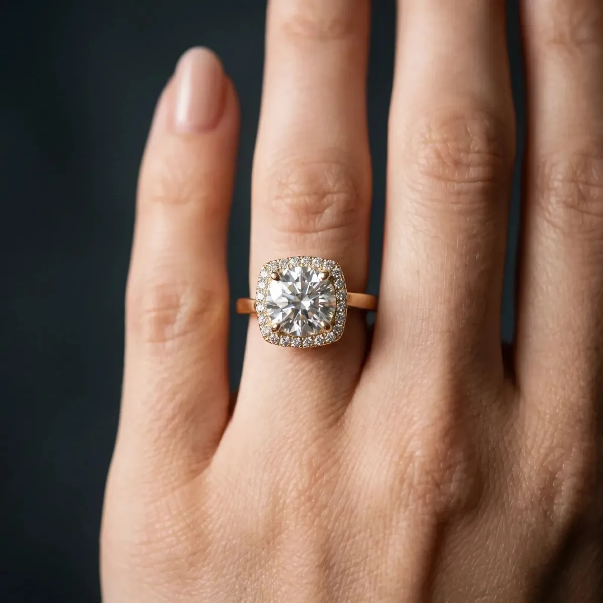 Cushion Cut Halo Solitaire Engagement Ring with Round Diamond and Four-Prong Setting Yellow gold