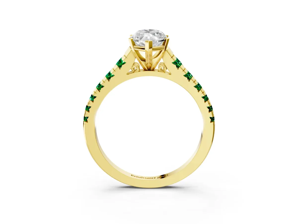 Marquise Cut Diamond Cathedral Solitaire Ring with Round Emerald Pavé Band Yellow gold