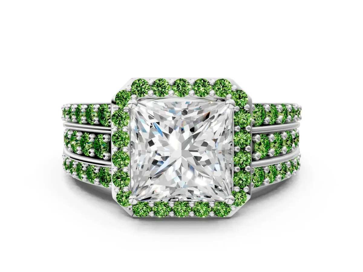 Princess Cut Halo Diamond Ring with Round Peridot Split Shank and Prong Setting White gold