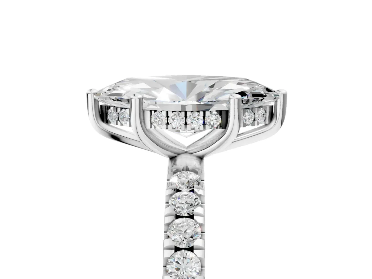 Marquise Cut Diamond Pave Band Solitaire Ring with Round Moissanite and Prong Setting White gold
