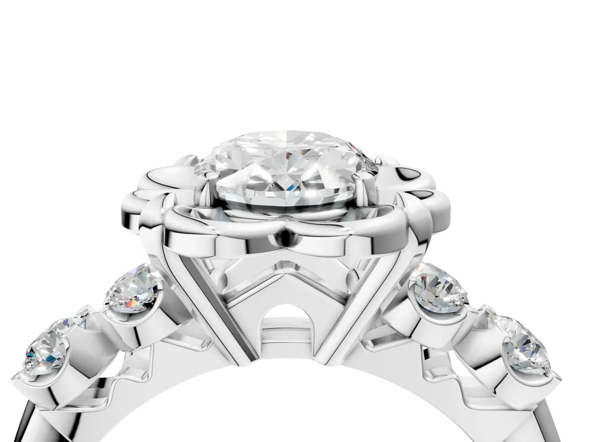 Oval Cut Cut Diamond Floral Halo Engagement Ring with Shared Prong Setting Silver