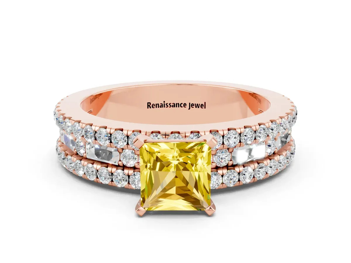 Princess Cut Yellow Sapphire Solitaire Ring with Pavé and Channel Set Band Rose gold