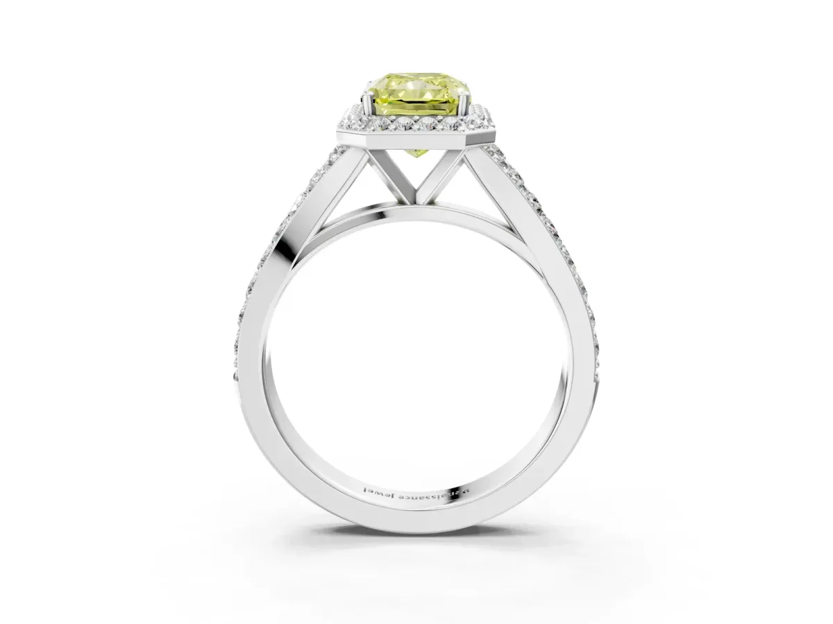 Fancy Yellow Radiant Cut Diamond Split Shank Halo Ring with Four-Prong Setting Platinum