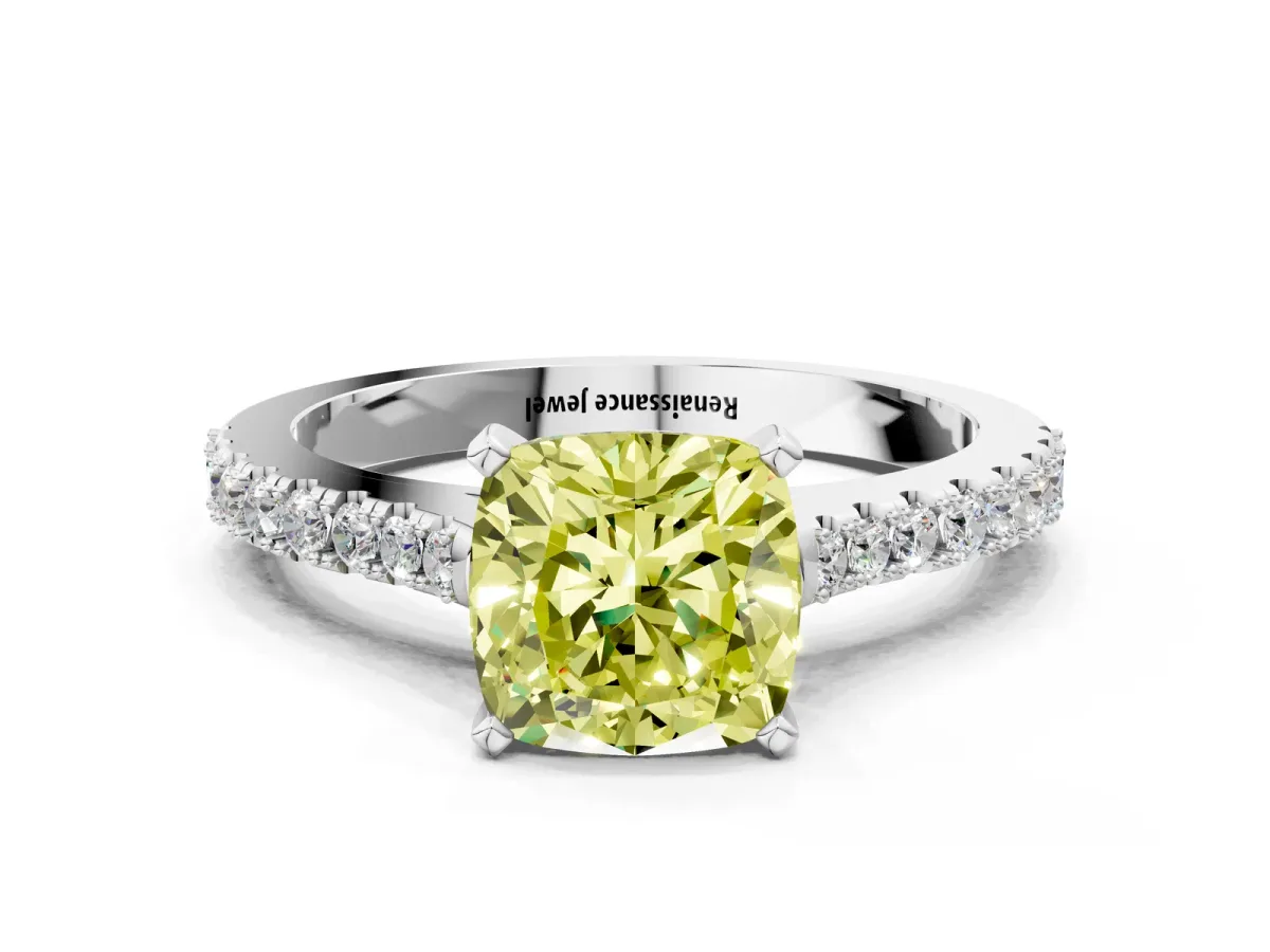 Fancy Yellow Cushion Cut Cut Solitaire Diamond Engagement Ring with Pave Band and Four-Prong Setting White gold
