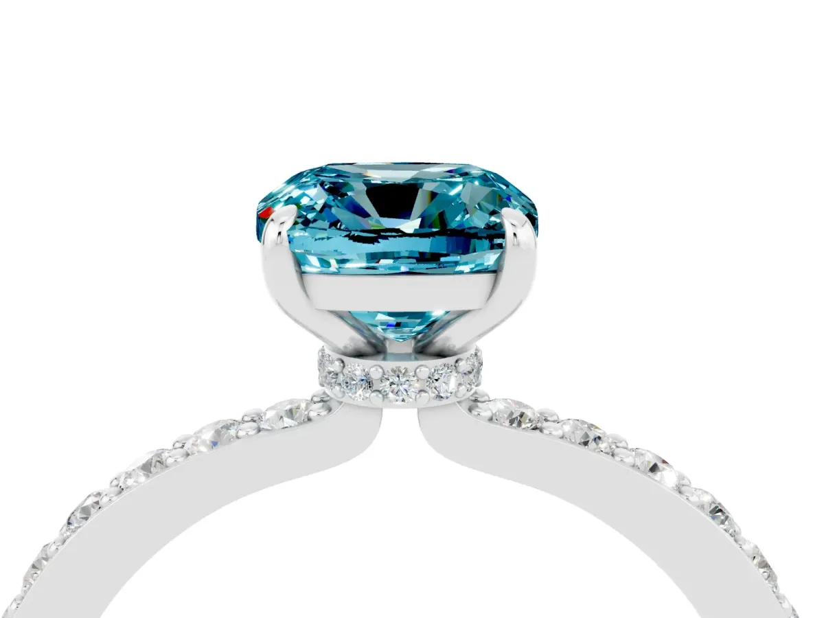 Cushion Cut Blue Topaz Solitaire Engagement Ring with Pavé Band and Four-Prong Setting White gold