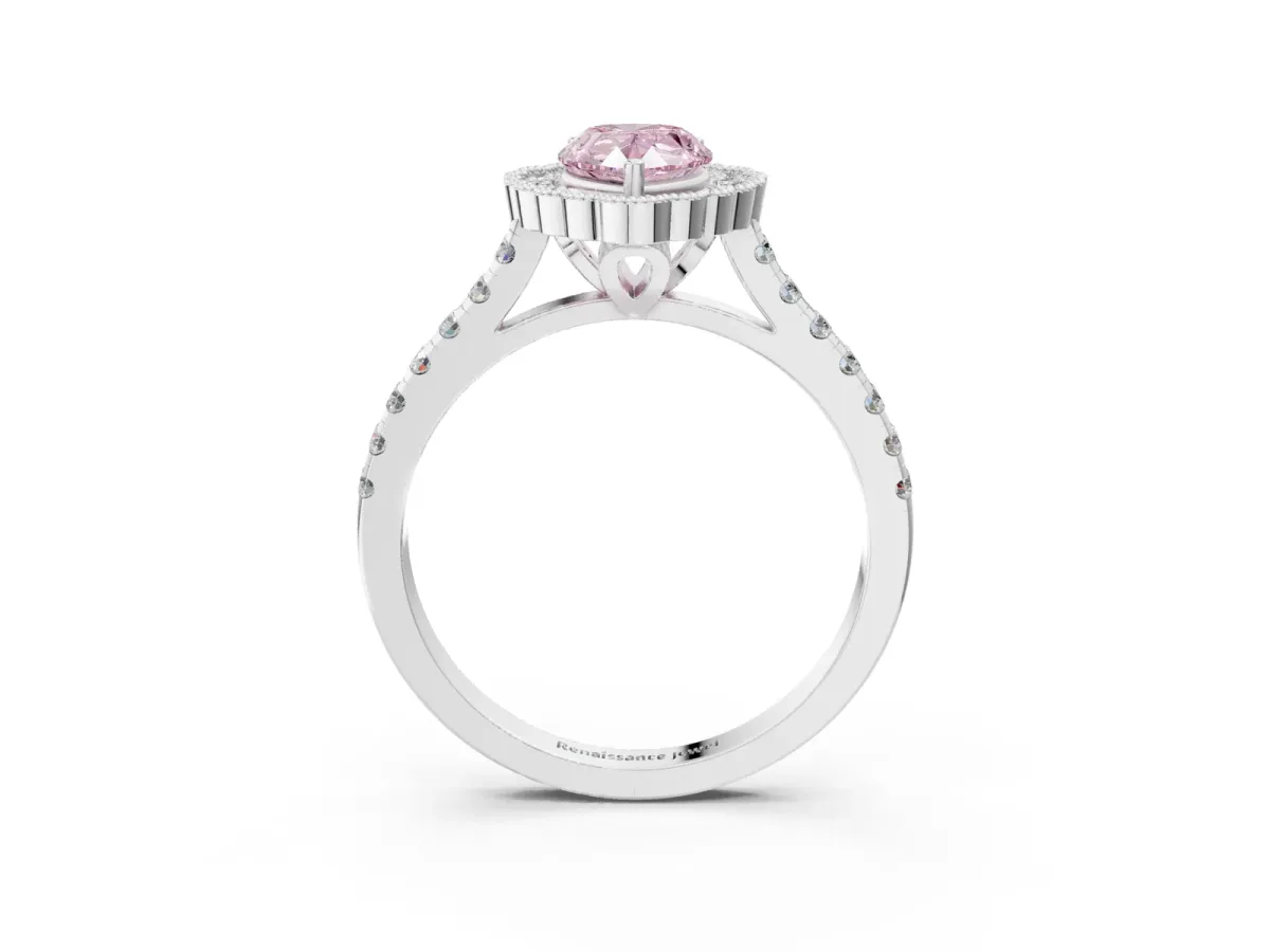 Fancy Pink Pear Cut Cut Diamond Milgrain Floral Halo Engagement Ring with Pavé Band Silver