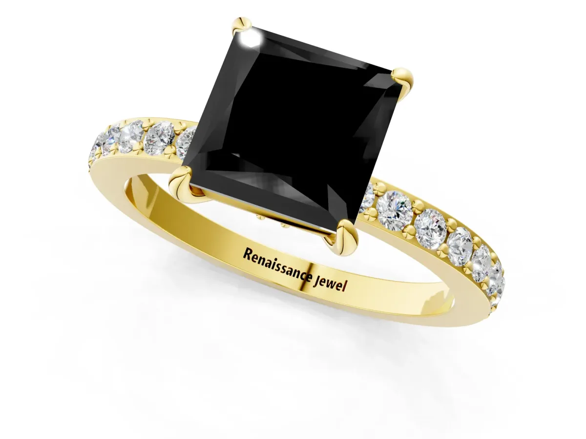 Fancy Black Princess Cut Diamond Solitaire Engagement Ring with Pavé Band and Four-Prong Setting Yellow gold