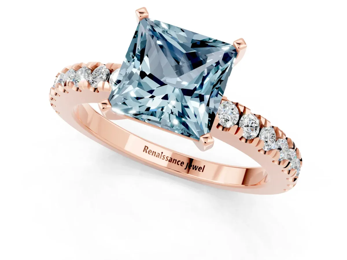 Princess Cut Solitaire Aquamarine with Pavé Band and Four-Prong Setting Rose gold