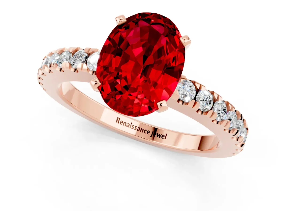 Oval Cut Solitaire Ruby with Pavé Band and Four-Prong Setting Rose gold