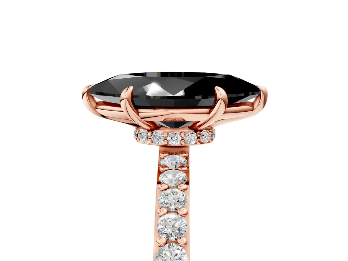 Fancy Black Marquise Cut Diamond Solitaire Engagement Ring with Pavé Band and Four-Prong Setting Rose gold