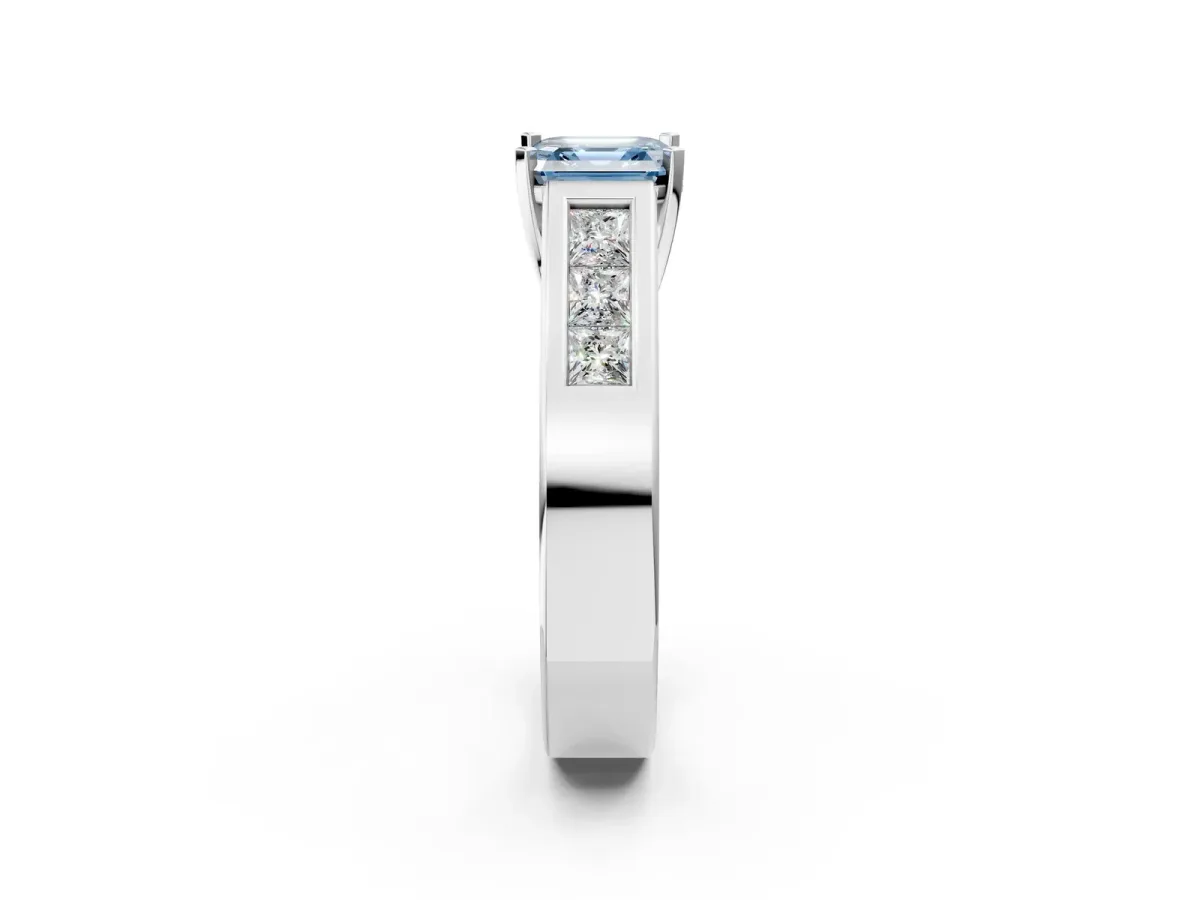 Fancy Blue Asscher Cut Cut Channel Set Solitaire Ring with Four-Prong Setting Platinum