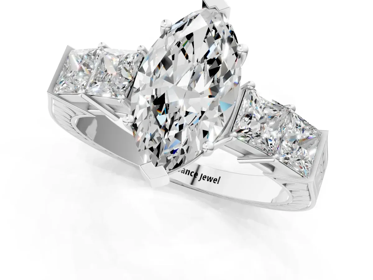 Marquise Cut Solitaire Princess Side Stone Engraved Band Prong Setting Ring Platinum