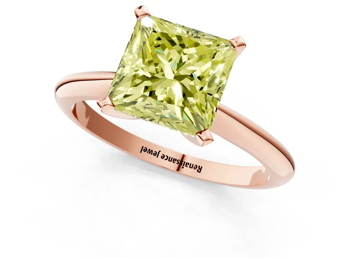 Fancy Yellow Princess Cut Diamond Solitaire Engagement Ring with Classic Band and Four-Prong Setting Rose gold