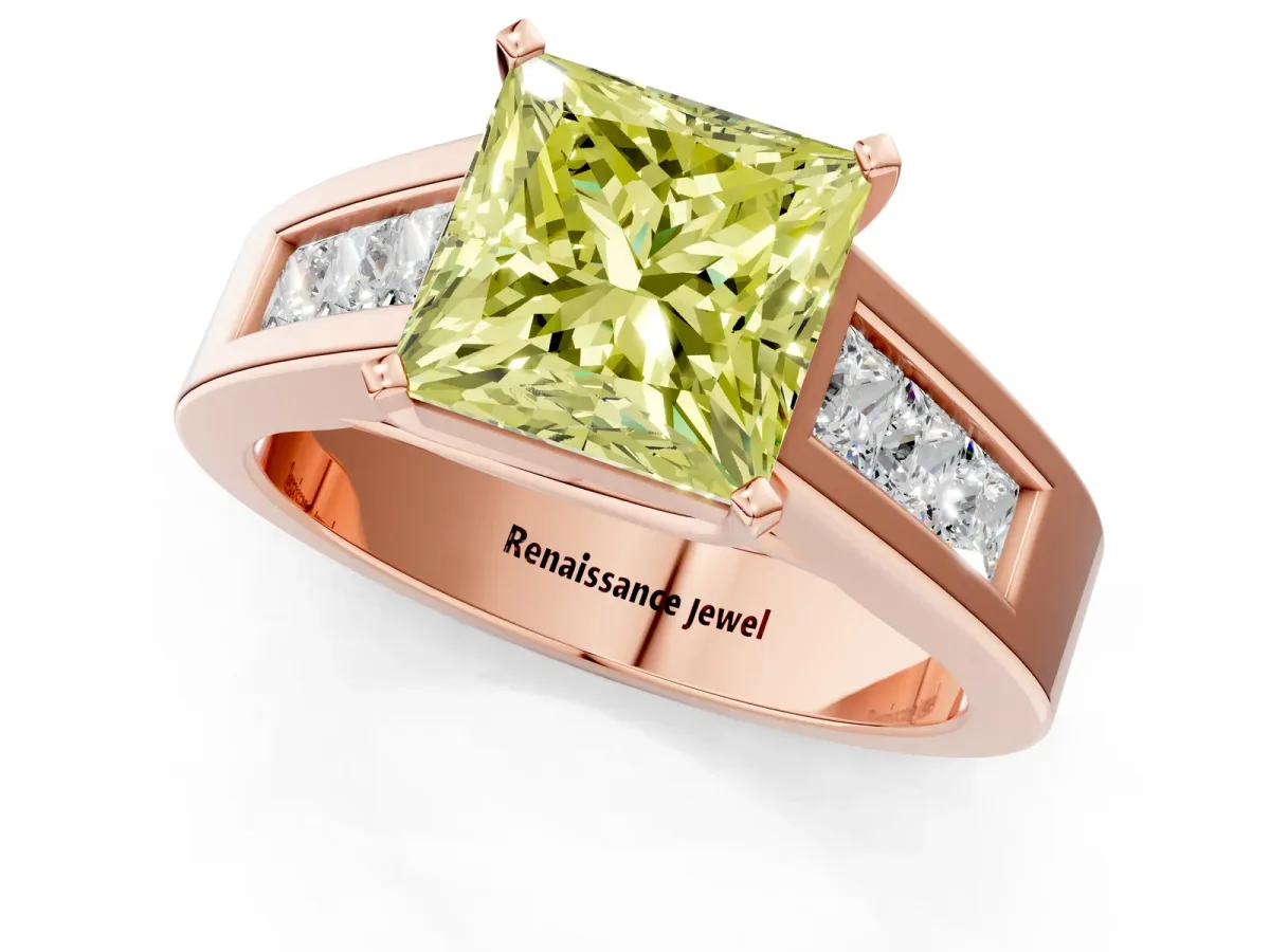 Fancy Yellow Princess Cut Cut Channel Set Solitaire Ring with Four-Prong Setting Rose gold