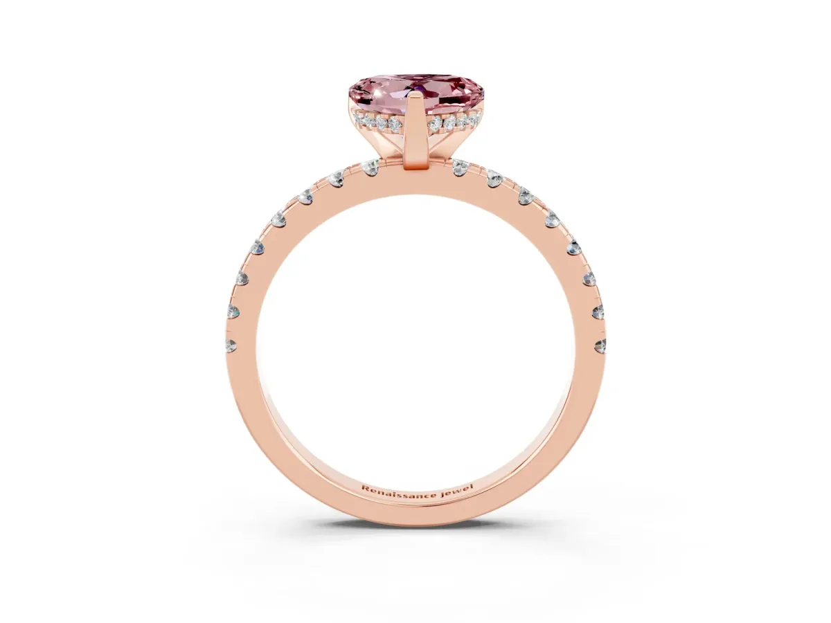 Heart Cut Morganite Solitaire Ring with Round Pavé Band and Four-Prong Setting Rose gold