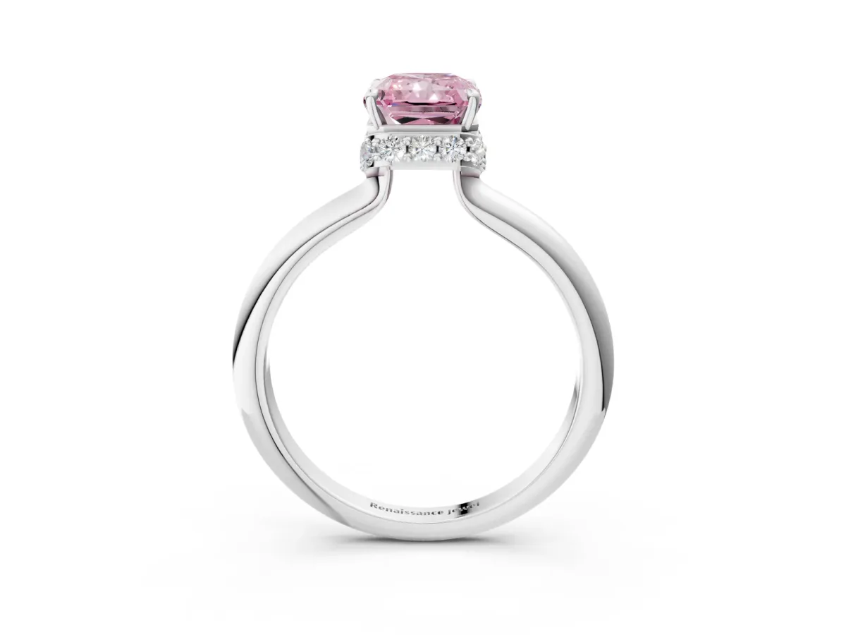 Fancy Pink Radiant Cut Brilliant Solitaire Engagement Ring with Six-Prong Setting and Classic Band Platinum