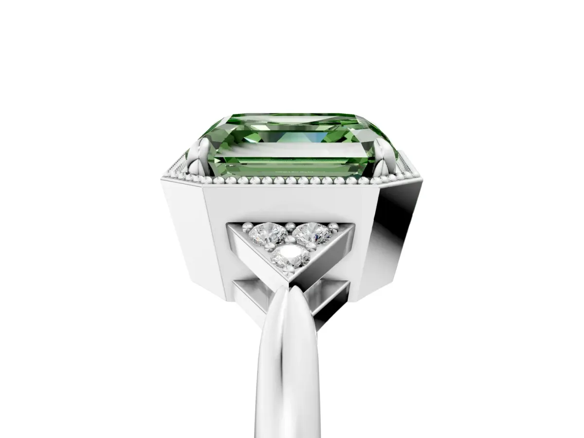 Fancy Green Asscher Cut Diamond Halo Ring with Tapered Band and Four-Prong Setting Platinum