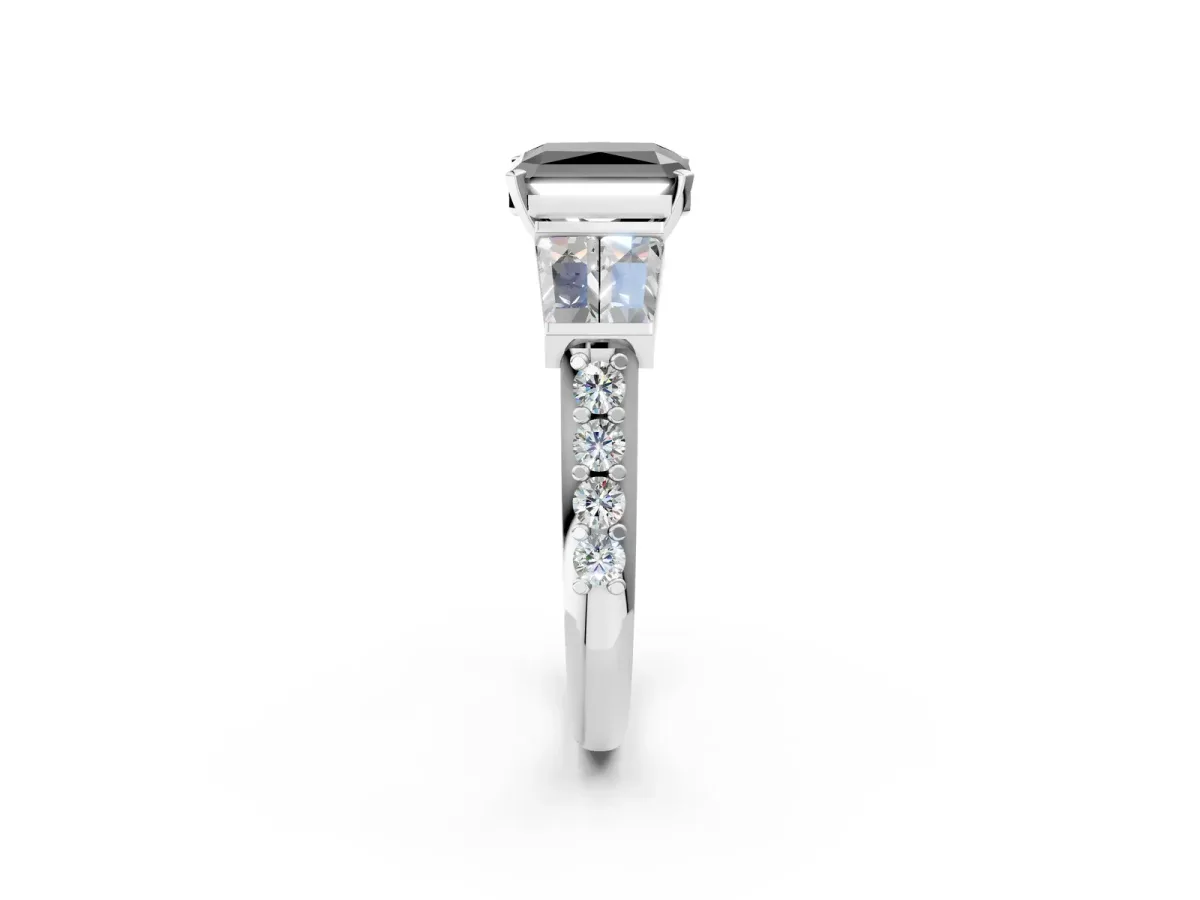 Fancy Black Radiant Cut Diamond Engagement Ring with Baguette Side Stones and Channel Set Band Platinum