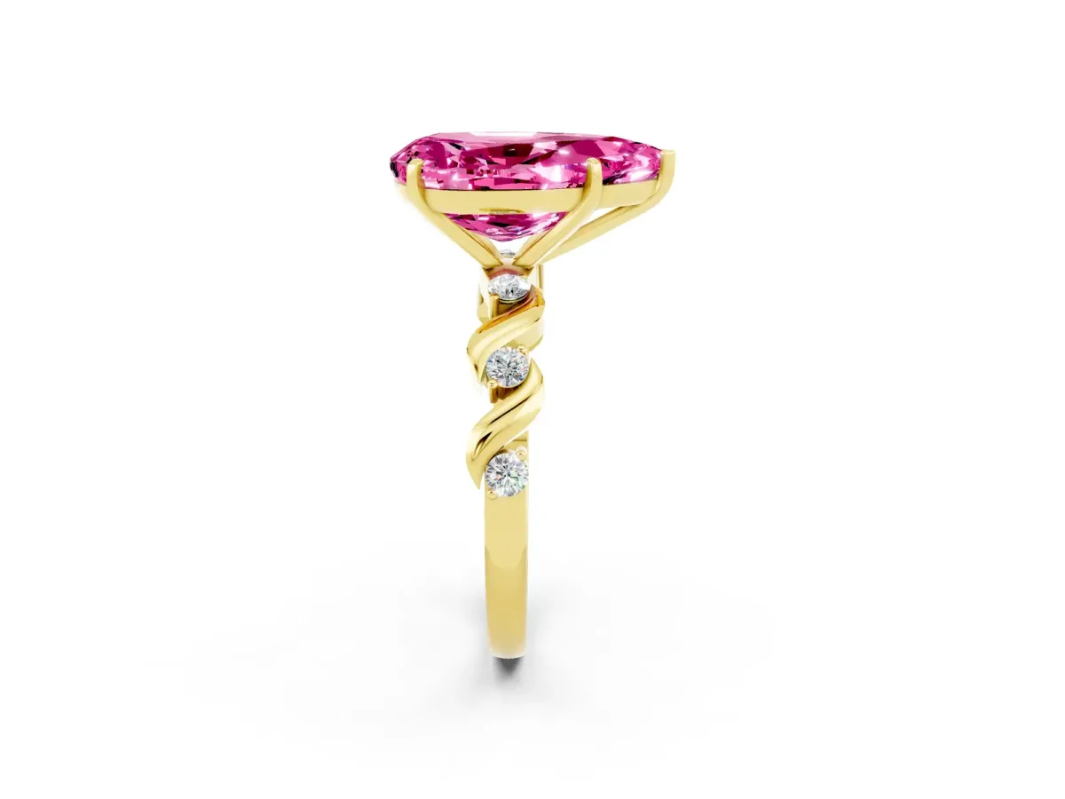 Pear Cut Pink Sapphire Solitaire Twisted Band with Round Accents and Prong Setting Yellow gold