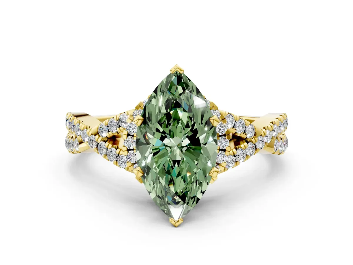 Fancy Green Marquise Cut Diamond Halo Twist Band Solitaire Prong Setting Ring Yellow gold