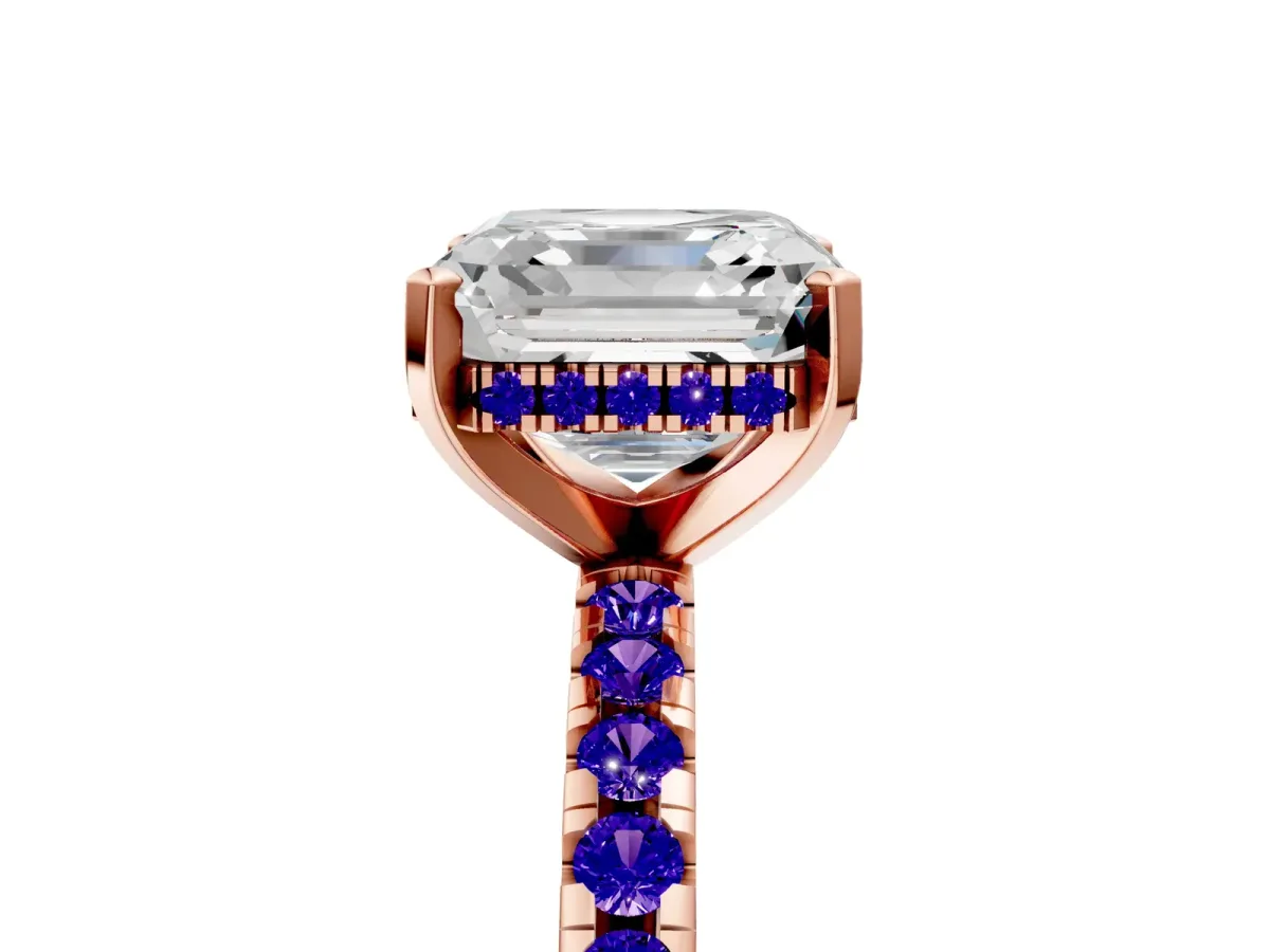 Asscher Cut Diamond Solitaire Ring with Round Tanzanite Pavé Band and Four-Prong Setting Rose gold