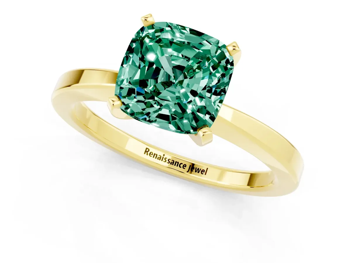 Cushion Cut Green Sapphire Solitaire Engagement Ring with Classic Band and Four-Prong Setting Yellow gold