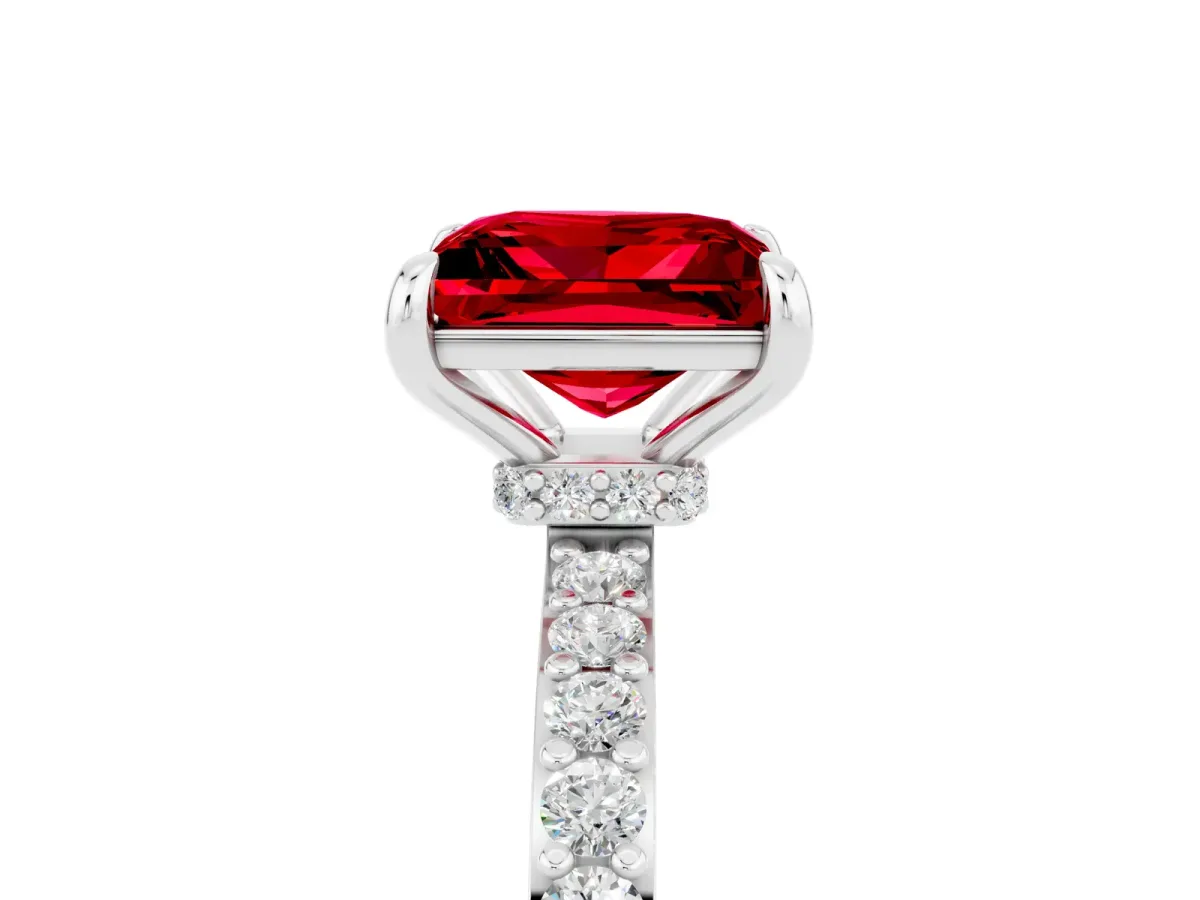 Princess Cut Ruby Solitaire Engagement Ring with Pavé Band and Four-Prong Setting White gold