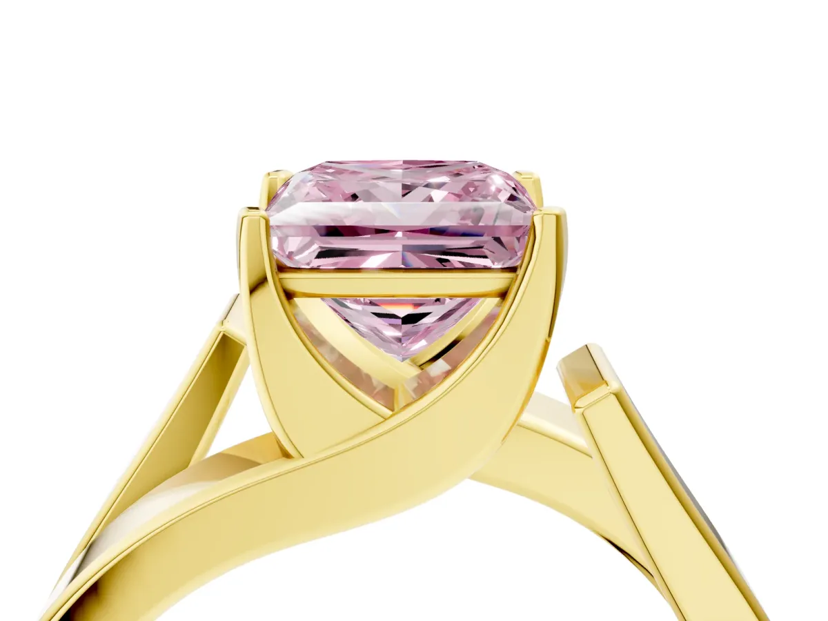 Fancy Pink Modern Tension Set Princess Cut Diamond Solitaire Wide Band Ring Yellow gold