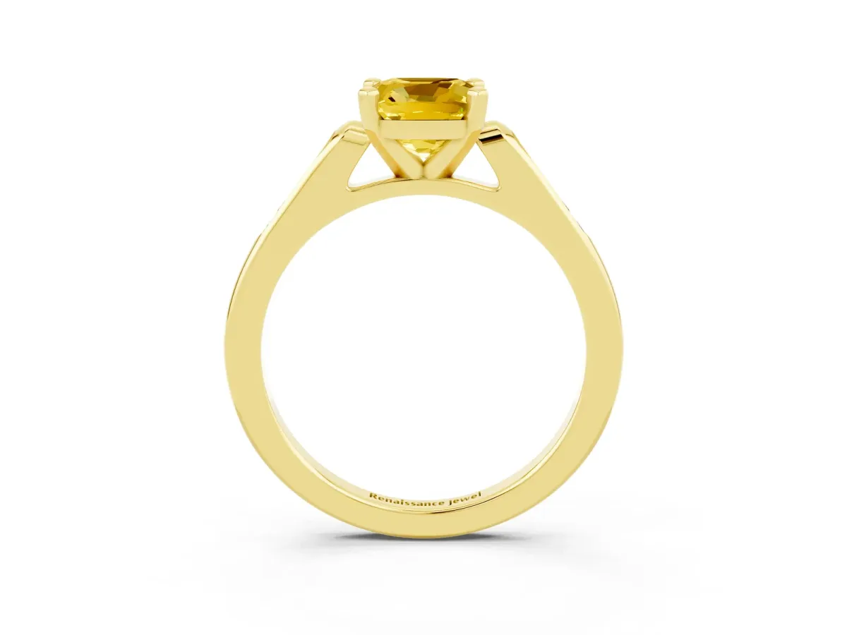 Cushion Cut Yellow Sapphire Solitaire Ring with Channel Set Round Band and Prong Setting Yellow gold