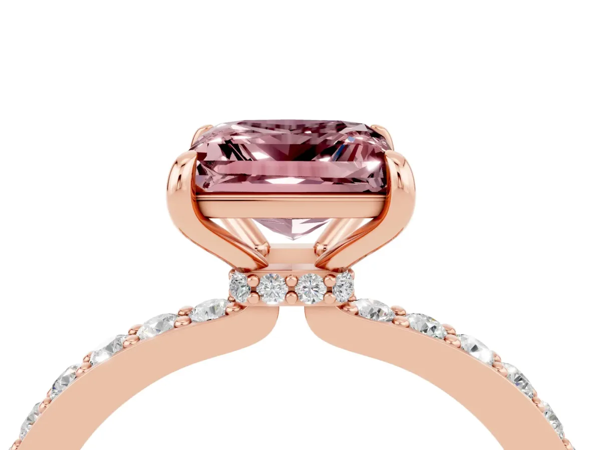 Princess Cut Morganite Solitaire Engagement Ring with Pavé Band and Four-Prong Setting Rose gold