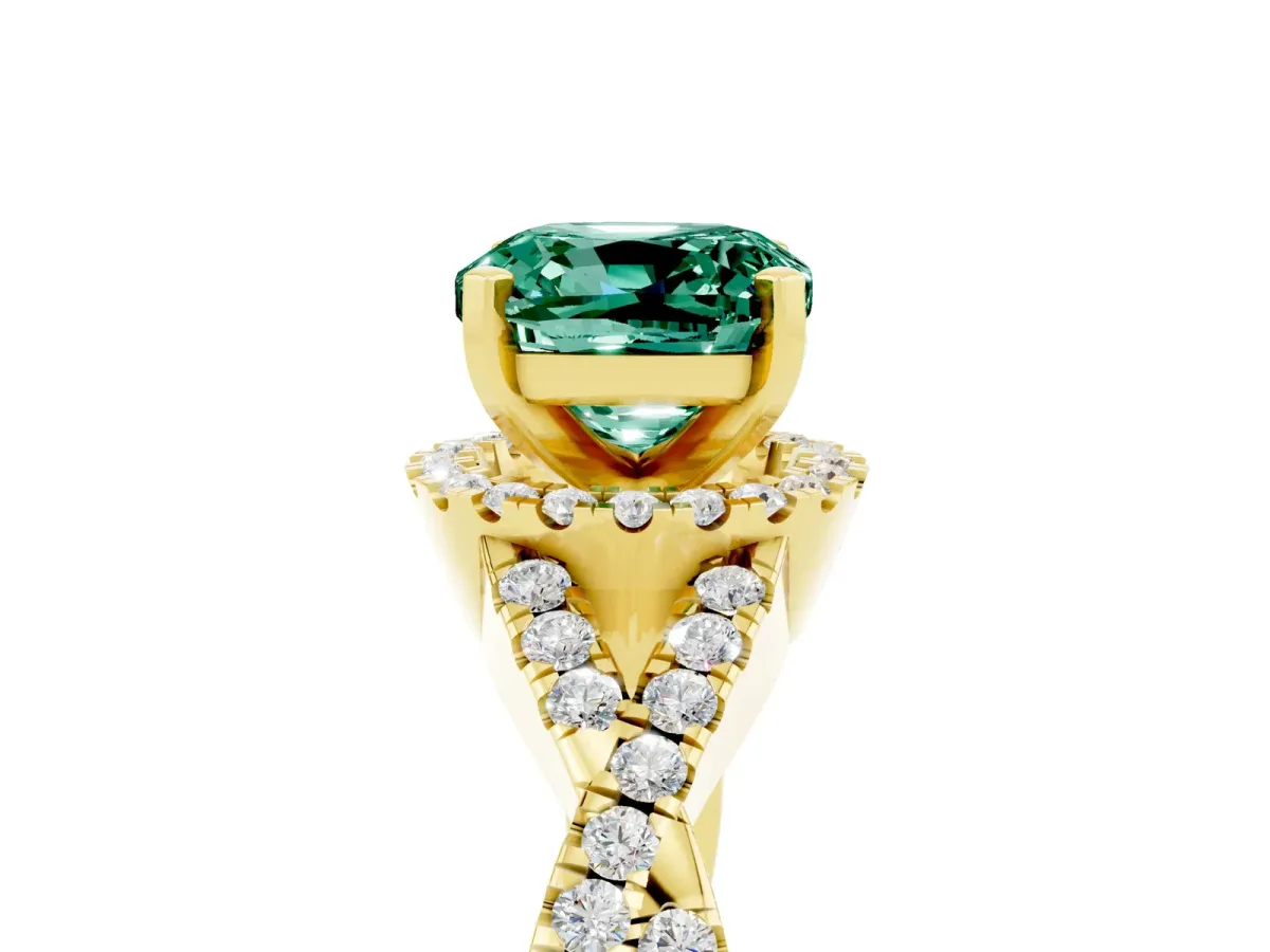 Cushion Cut Green Sapphire Halo Twist Band Solitaire Prong Setting Ring Yellow gold