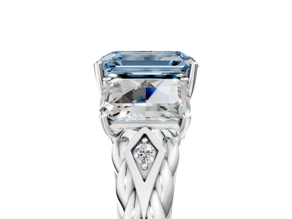Fancy Blue Three-Stone Emerald Cut Diamond Braided Band Ring with Four-Prong Setting Silver
