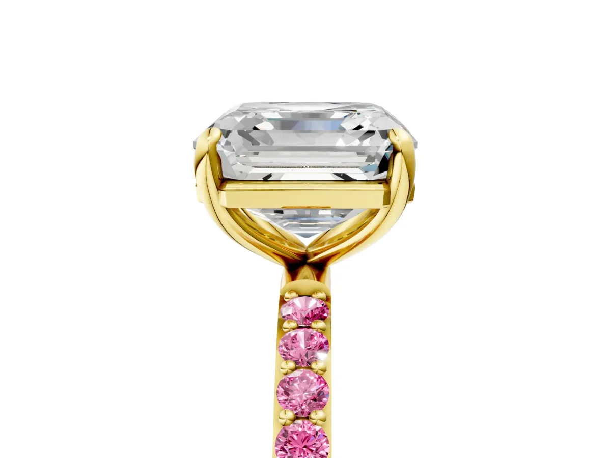 Asscher Cut Diamond Solitaire Ring with Round Pink Sapphire Pavé Band and Prong Setting Yellow gold