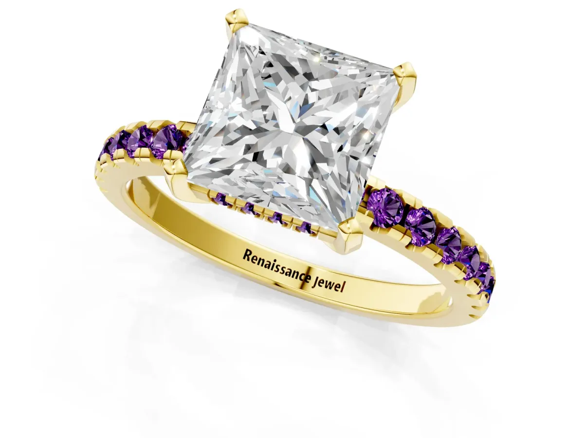 Princess Cut Diamond Solitaire Ring with Round Amethyst Pavé Band and Four-Prong Setting Yellow gold
