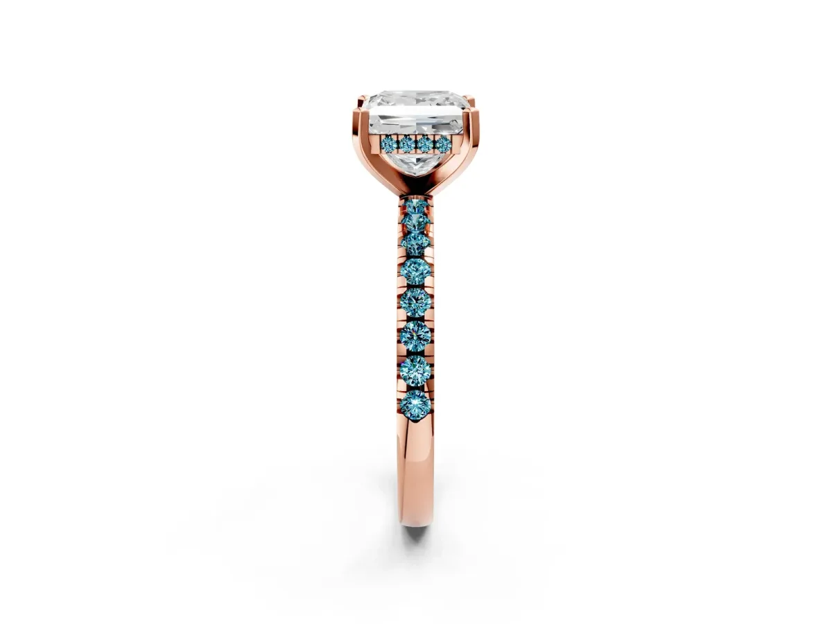 Princess Cut Diamond Solitaire Ring with Round Blue Topaz Pavé Band and Four-Prong Setting Rose gold