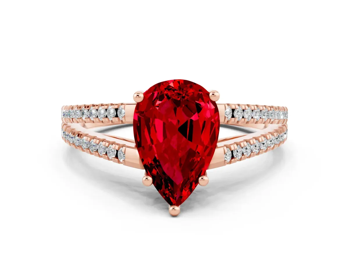 Pear Cut Ruby Solitaire Engagement Ring with Split Shank Pavé Band Rose gold