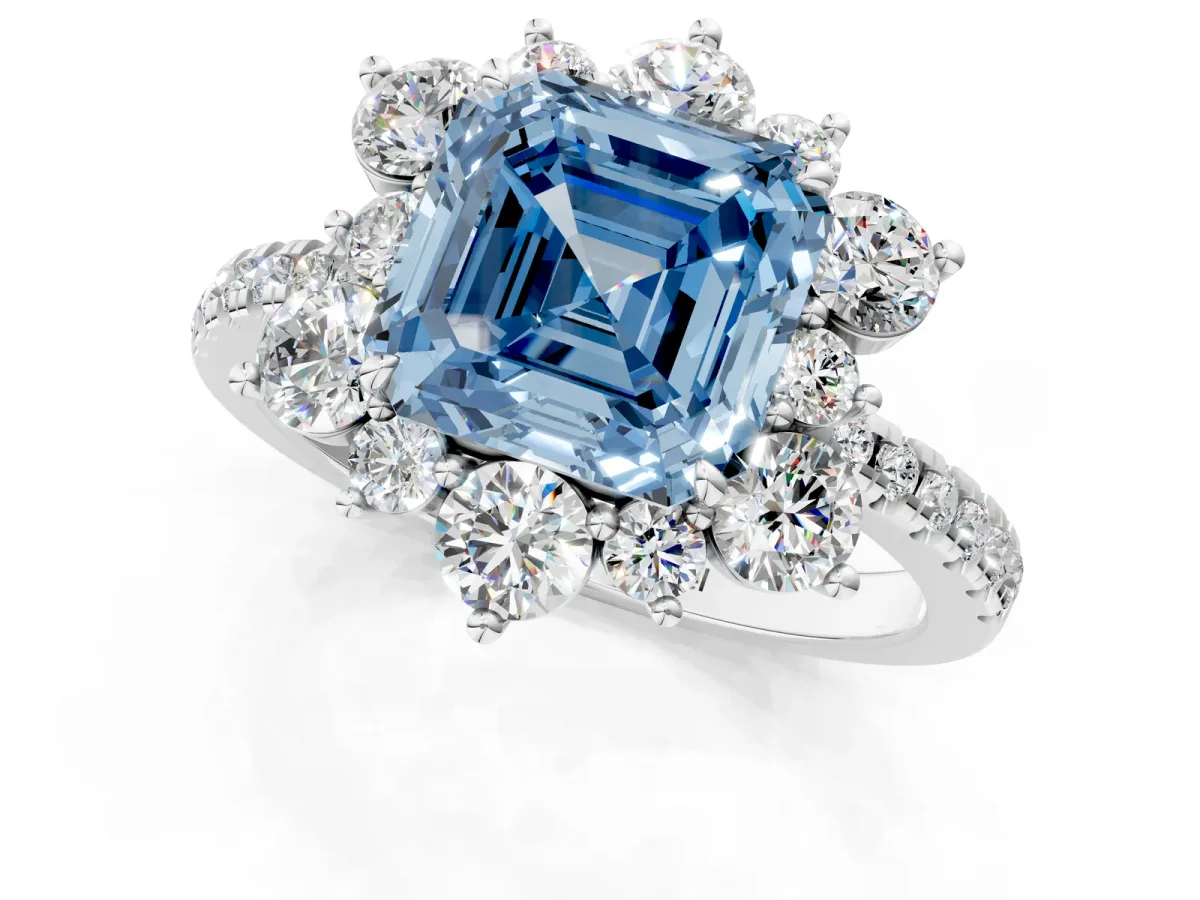 Fancy Blue Asscher Cut Diamond Floral Halo Ring with Round Pavé Band and Prong Setting Platinum