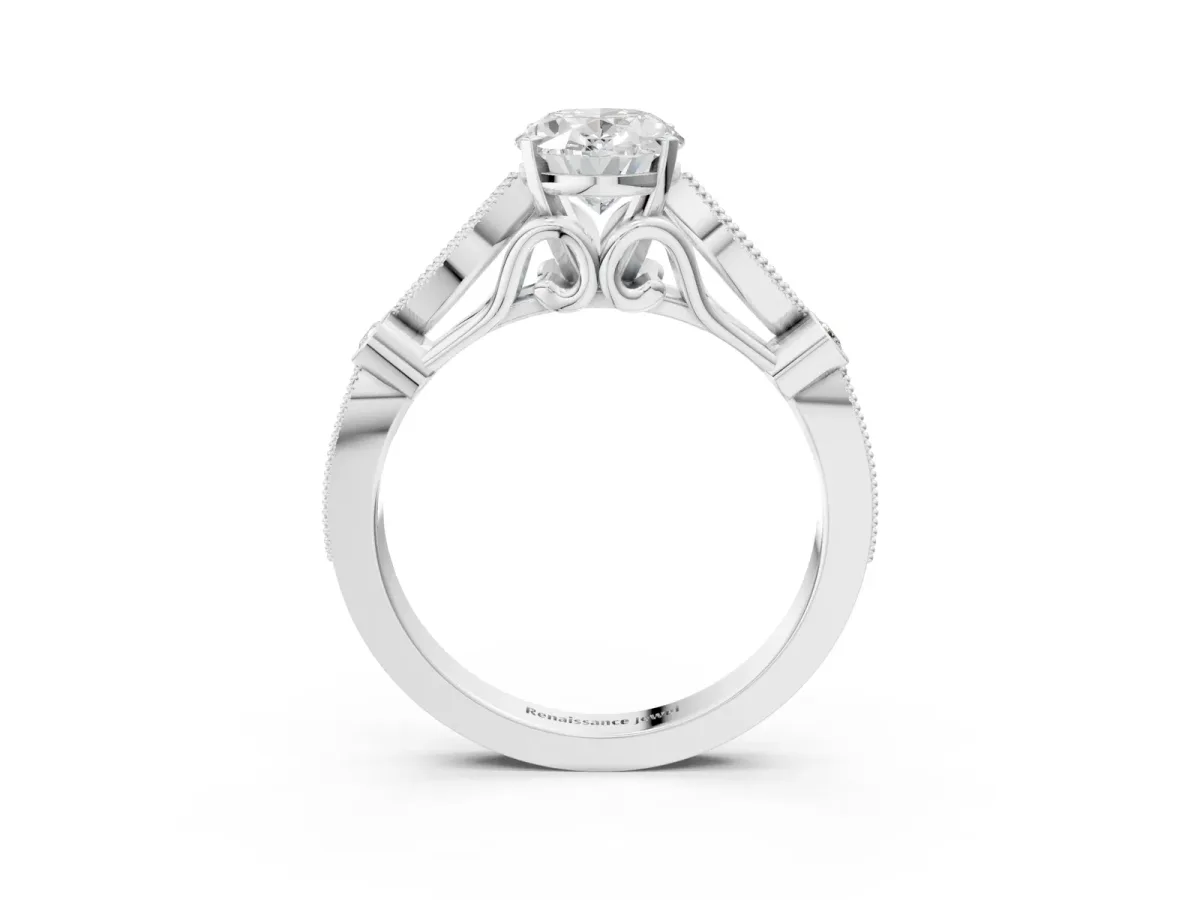 Oval Cut Cut Diamond with Milgrain Marquise and Bezel Accents on a Solitaire Band with Prong Setting Silver