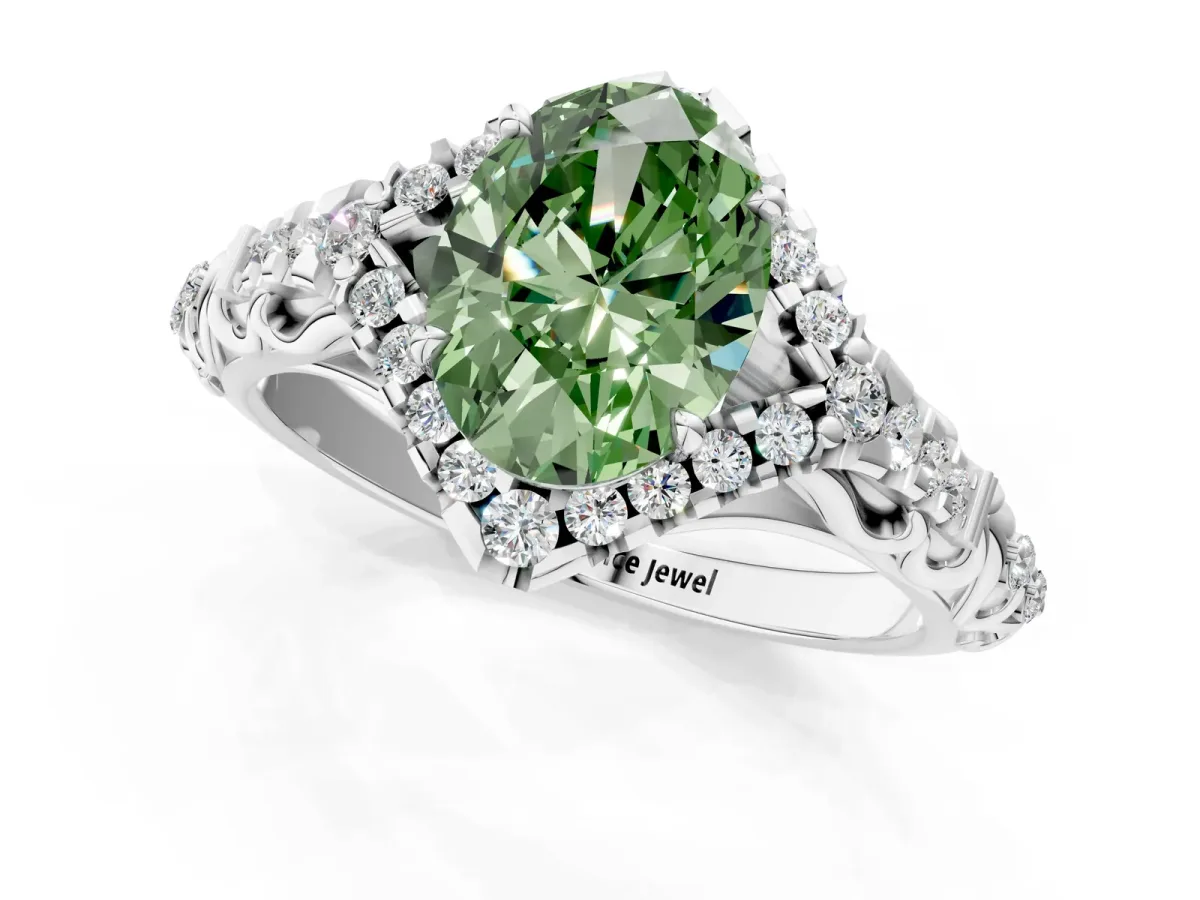 Fancy Green Oval Cut Diamond Solitaire Ring with Hidden Halo and Pavé Band White gold