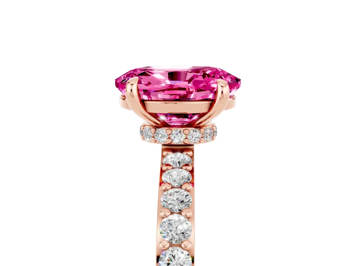Oval Cut Pink Sapphire Solitaire Engagement Ring with Pavé Band and Four-Prong Setting Rose gold