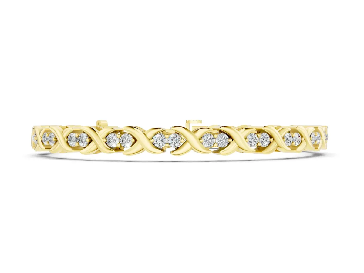 Round Diamond Tennis Bracelet with X-Link Band and Prong Setting Yellow gold