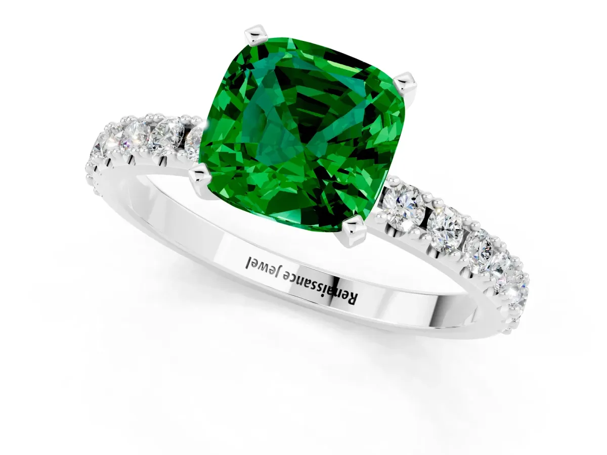 Cushion Cut Emerald Solitaire Pavé Band with Four-Prong Setting Silver