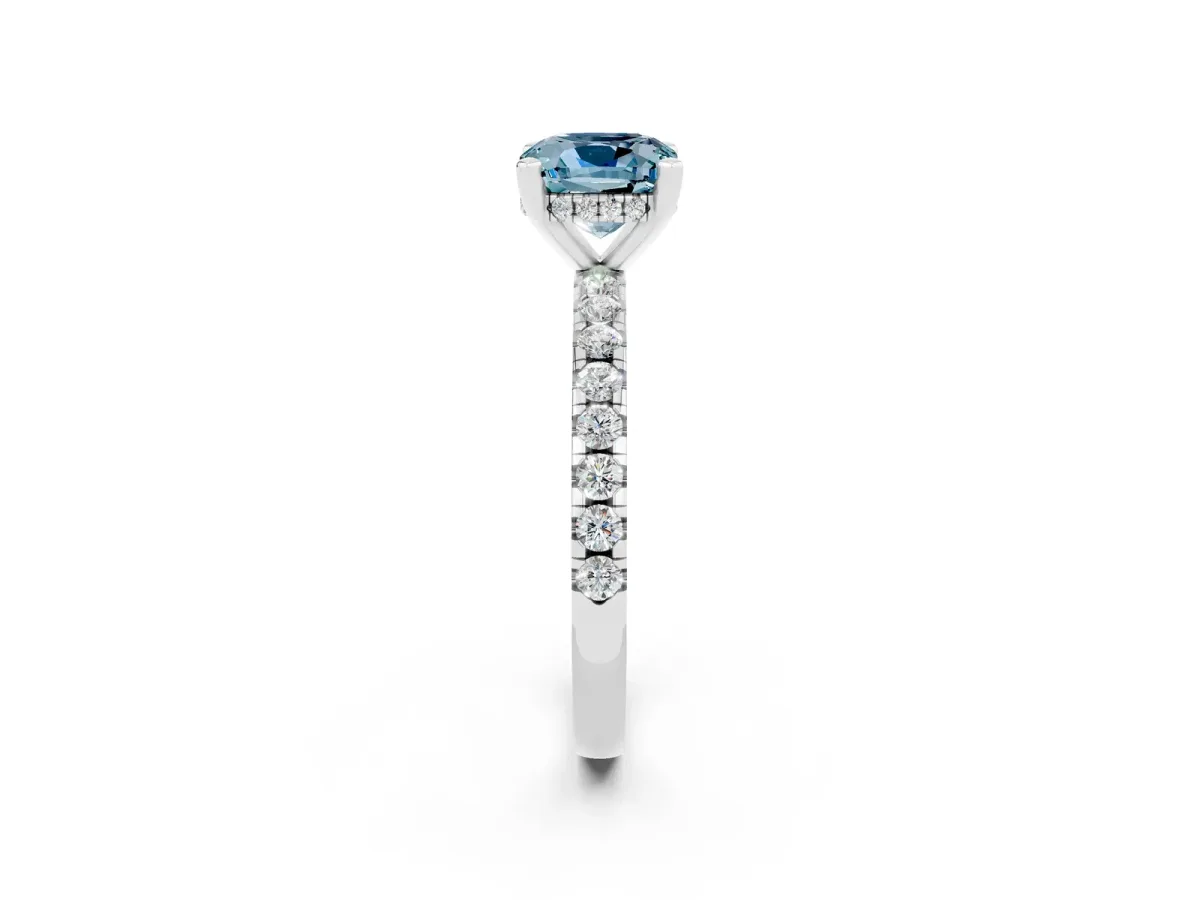 Cushion Cut Aquamarine Solitaire Ring with Round Pavé Band and Four-Prong Setting White gold