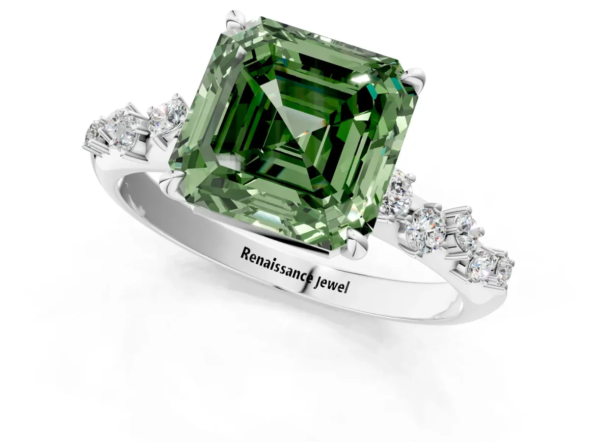 Fancy Green Asscher Cut Diamond Cluster Side Stone Solitaire Ring with Prong Setting Platinum
