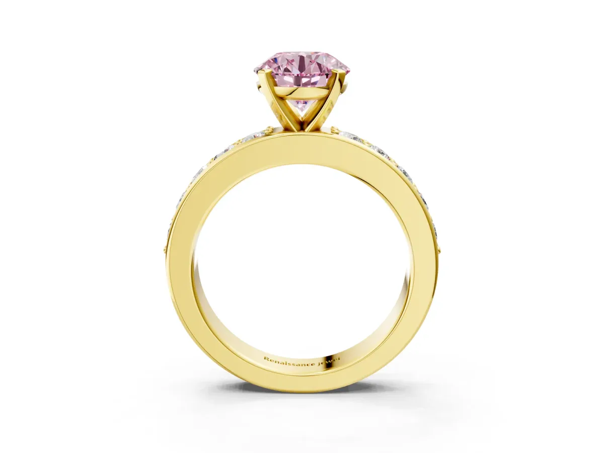 Fancy Pink Round Cut Diamond Engagement Ring with Channel Set Round Band and Prong Setting Yellow gold