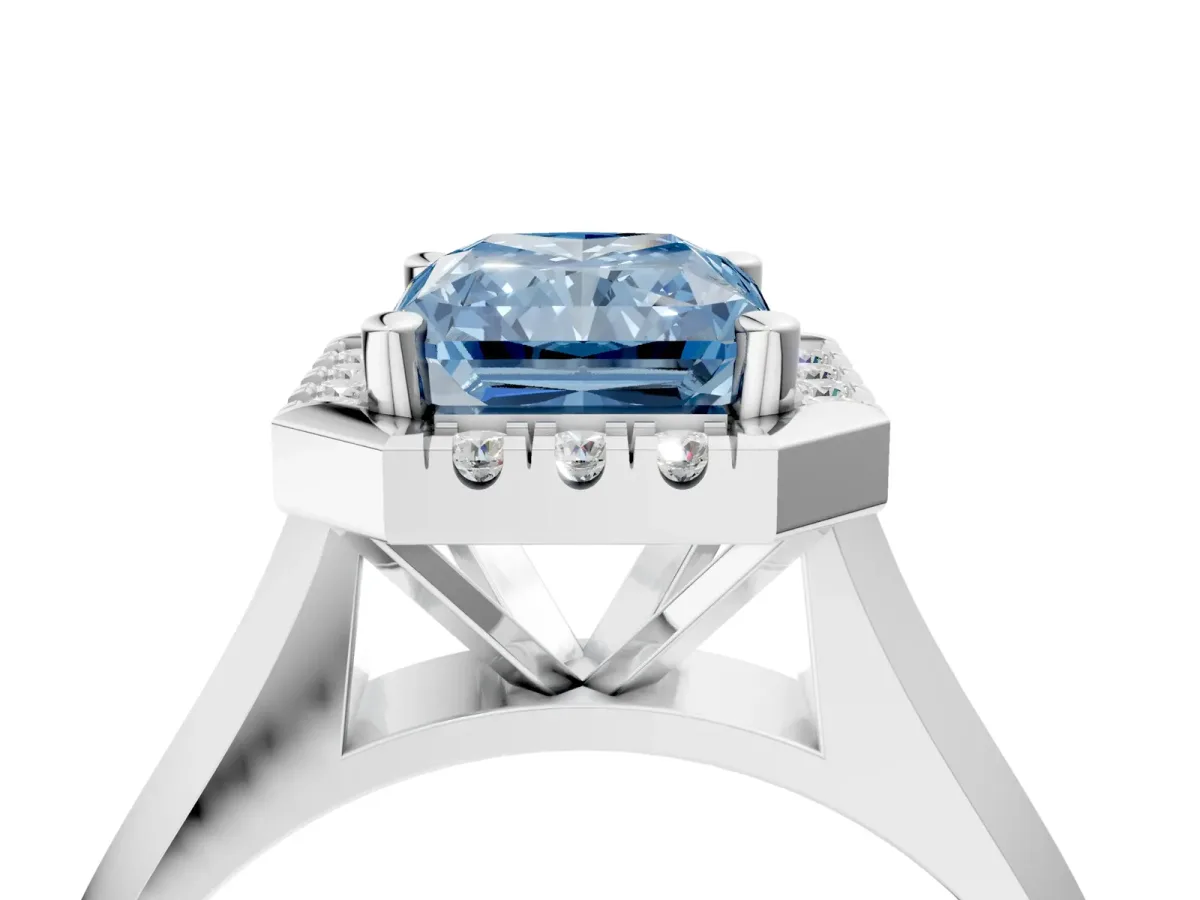 Fancy Blue Radiant Cut Cut Halo Solitaire Engagement Ring with Square Band and Four-Prong Setting White gold