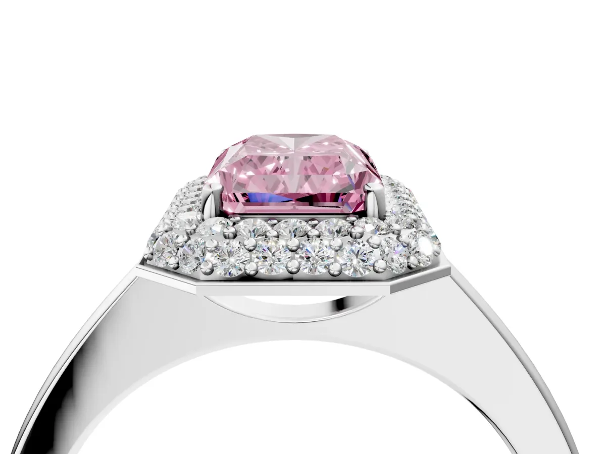 Fancy Pink Radiant Cut Halo Diamond Engagement Ring with Solitaire Band and Four-Prong Setting Platinum