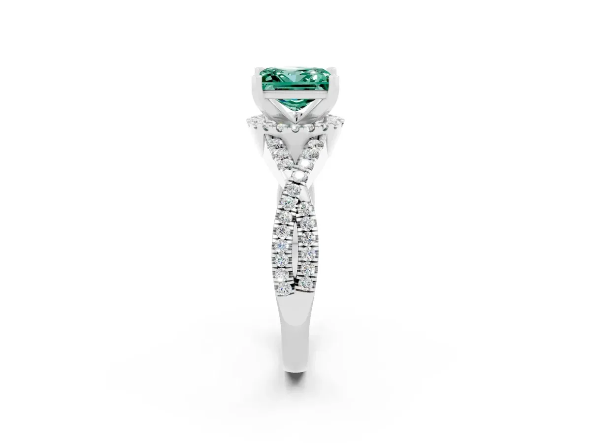 Princess Cut Green Sapphire Halo Twist Band Solitaire Prong Setting Ring White gold