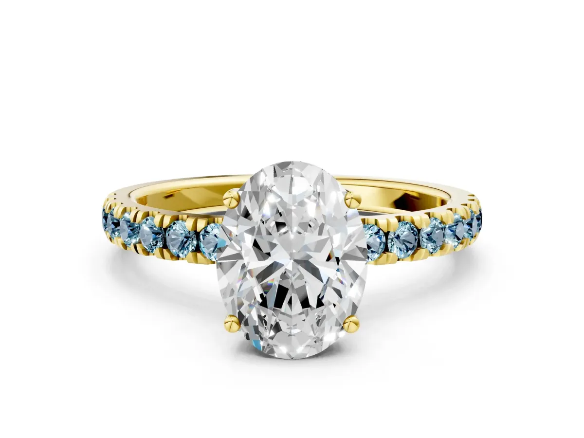 Oval Cut Diamond Pave Band Solitaire Ring with Round Aquamarine and Prong Setting Yellow gold