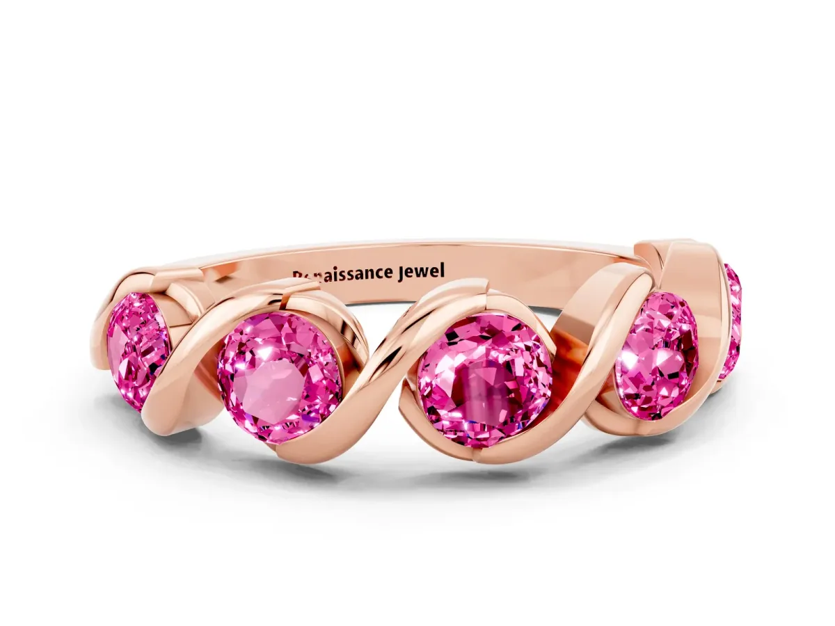 Round Pink Sapphire Wave Band with Channel Setting and Shared Prongs Rose gold